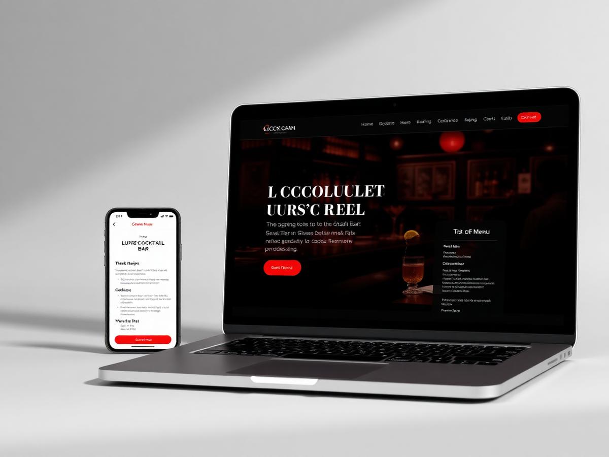 Layout demonstrativo de site de bar exibido em notebook e celular