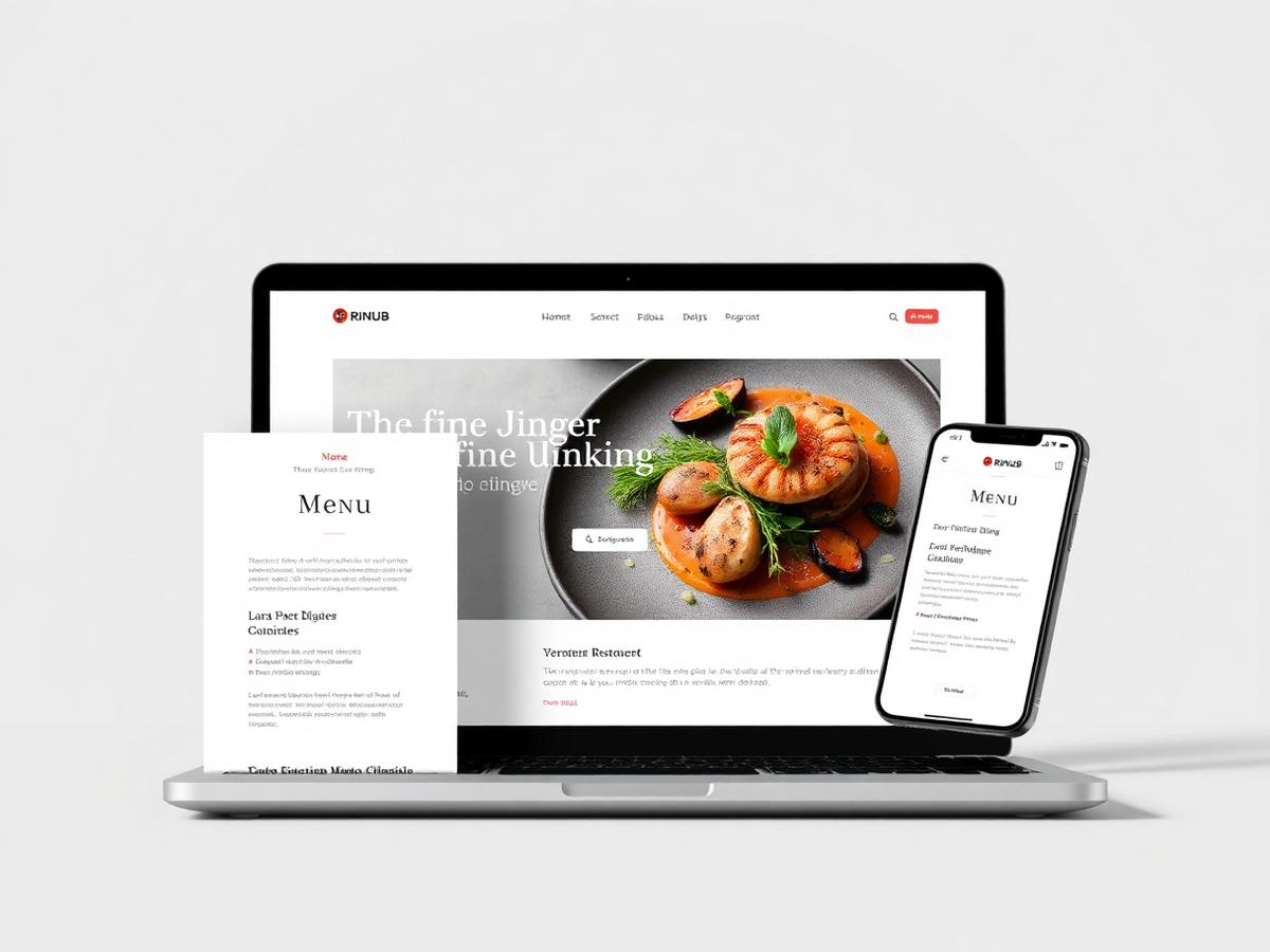 Layout demonstrativo de site de restaurante exibido em notebook e celular